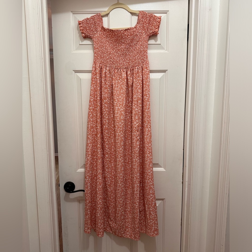 Pink and white floral casual summer maxi dress off the shoulder